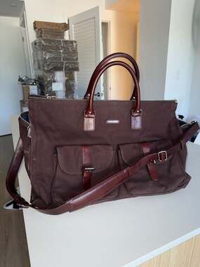 Hook & Albert Canvas Leather Trim Garment Weekender Duffel Bag Maroon Red